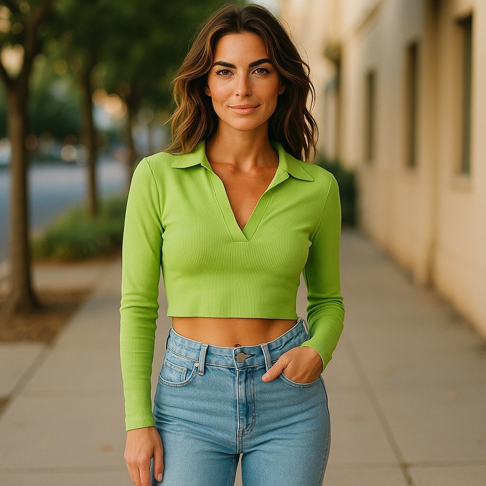 New Green Long Sleeve Women's Crop Top